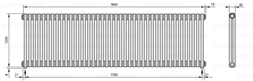 Схема (чертеж) Радиатор Zehnder Charleston 2120/40 №5310 Белый глянцевый RAL 9016